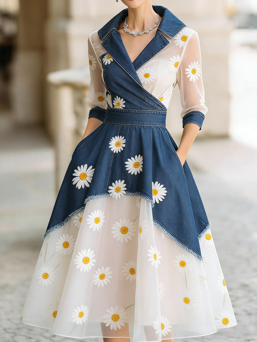 Retro Floral Art Texture Printed V-Neck Vintage Pocket-Style Long Sleeve Midi Dress